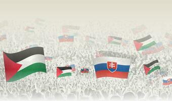 Palestine and Slovakia flags in a crowd of cheering people. vector