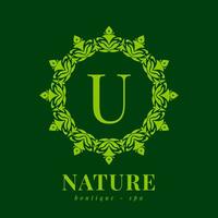 letter U nature border wreath initial logo for boutique spa and beauty wellness vector