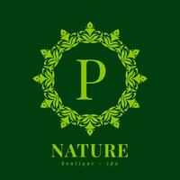 letter P nature border wreath initial logo for boutique spa and beauty wellness vector