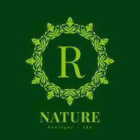 letra r naturaleza frontera guirnalda inicial logo para boutique spa y belleza bienestar vector