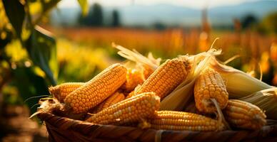 Bright corn cob, yellow seeds, agricultural background - image generated by AI photo