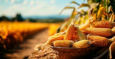 brillante maíz mazorca, amarillo semillas, agrícola antecedentes - imagen generado por ai foto