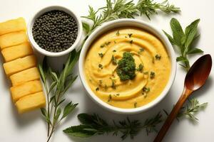 vegano calabaza puré sopa Listo a servir en el cocina mesa ai generado foto