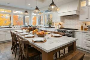 white modern kitchen decorated for fall AI Generated photo