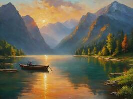 a painting of a small boat in the middle of a lake with a mountain view in the background photo