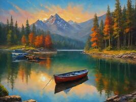 a painting of a small boat in the middle of a lake with a mountain view in the background and sunrise photo