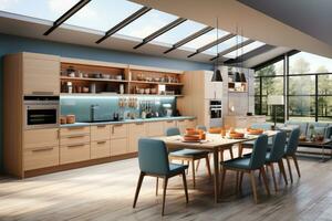 modern kitchen decorated wood and blue theme AI Generated photo