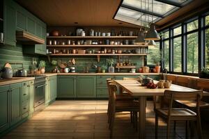 modern kitchen decorated wood and green theme AI Generated photo