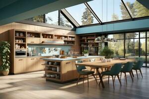 modern kitchen decorated wood and blue theme AI Generated photo