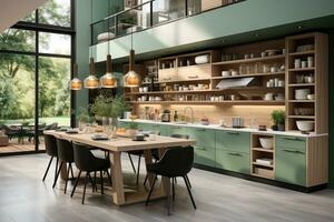 modern kitchen decorated wood and green theme AI Generated photo