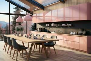 moderno cocina decorado madera y rosado tema ai generado foto