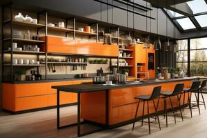 modern kitchen decorated wood and orange theme AI Generated photo