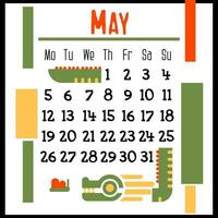 Square calendar page for May 2024 with a green geometric dragon. Isolated on a white background. The symbol of the year of the dragon. The dragon looks at the butterfly. Vector illustration. Colour