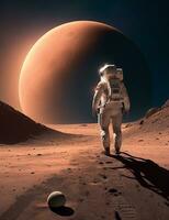 an astronaut walks on the planet Mars photo