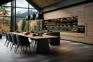 modern kitchen decorated wood and black theme AI Generated photo