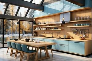 moderno cocina decorado madera y azul tema ai generado foto