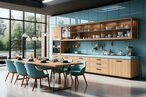 moderno cocina decorado madera y azul tema ai generado foto