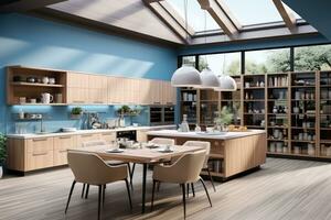 modern kitchen decorated wood and blue theme AI Generated photo