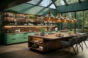 modern kitchen decorated wood and green theme AI Generated photo