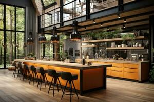 modern kitchen decorated wood and orange theme AI Generated photo
