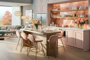 modern kitchen decorated for fall pastel color theme AI Generated photo