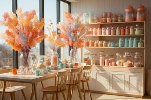 modern kitchen decorated for fall pastel color theme AI Generated photo