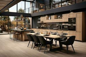 modern kitchen decorated wood and black theme AI Generated photo