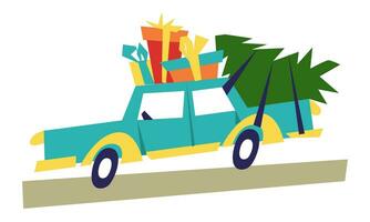 A blue long old car is carrying a Christmas tree and gifts for Christmas and New Year on the road. Isolated children's geometric vector illustration for a holiday on a white background
