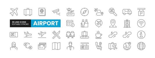 Set of 36 Airport line icons set. Airport outline icons with editable stroke collection. Includes Airport, Airplane, Waiting Lounge, Map, Ticket and More. vector