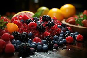 mezcla Fruta Listo a servir en el cocina mesa ai generado foto