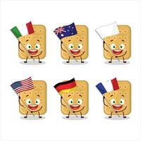 galleta dibujos animados personaje traer el banderas de varios países vector
