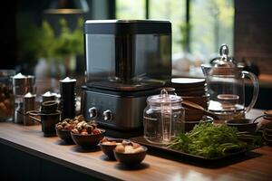 cocina accesorios son arreglado en el mesa ai generado foto