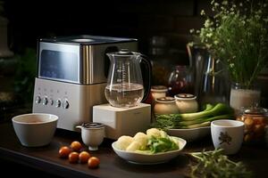 cocina accesorios son arreglado en el mesa ai generado foto