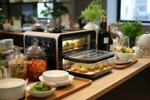 cocina accesorios son arreglado en el mesa ai generado foto