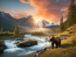 a bear looking for fish in a river with a mountain in the background photo