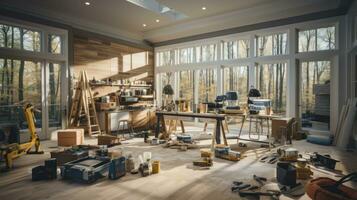 Renovation Revelry - Tools and materials scatter around as homeowners embrace the satisfaction of DIY home renovations. Generative AI photo