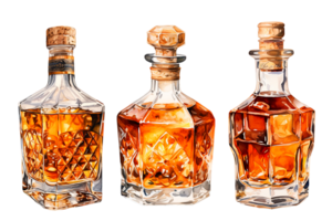 conjunto de botella con whisky, coñac. Clásico acuarela ilustración con alcohol png