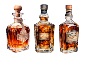 conjunto de botella con whisky, coñac. Clásico acuarela ilustración con alcohol png