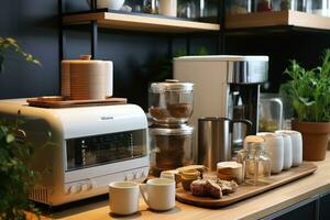 cocina accesorios son arreglado en el mesa ai generado foto