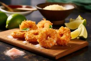 Floured fried shrimp ready to serve in the kitchen table AI Generated photo