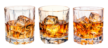 set of glass with whiskey, cognac. vintage watercolor illustration with alcohol png