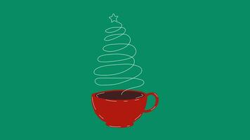 Cup from which steam comes out in the form of a Christmas tree. Video flat cartoon animation design element 4k alpha channel transparency