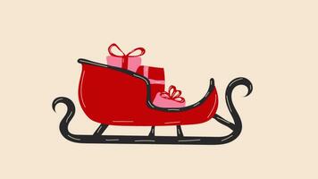 Christmas sleigh with gifts. Video flat cartoon animation design element. 4K video footage, alpha channel transparency