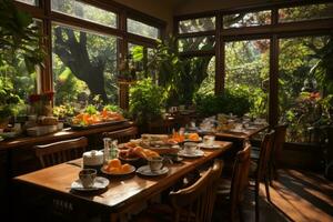 dentro restaurante desayuno situación ai generado foto