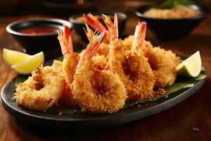 Floured fried shrimp ready to serve in the kitchen table AI Generated photo