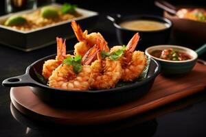 Floured fried shrimp ready to serve in the kitchen table AI Generated photo