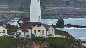 Aerial view of the Pigeon Point Lighthouse. Pigeon Point Lighthouse in California. Moody west coast at sunset. video