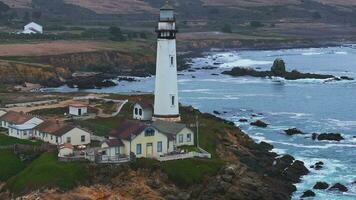 Aerial view of the Pigeon Point Lighthouse. Pigeon Point Lighthouse in California. Moody west coast at sunset. video