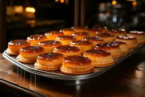 photos of tarts in indoor kitchen table photo studio AI Generated