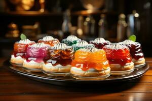 photos of tarts in indoor kitchen table photo studio AI Generated